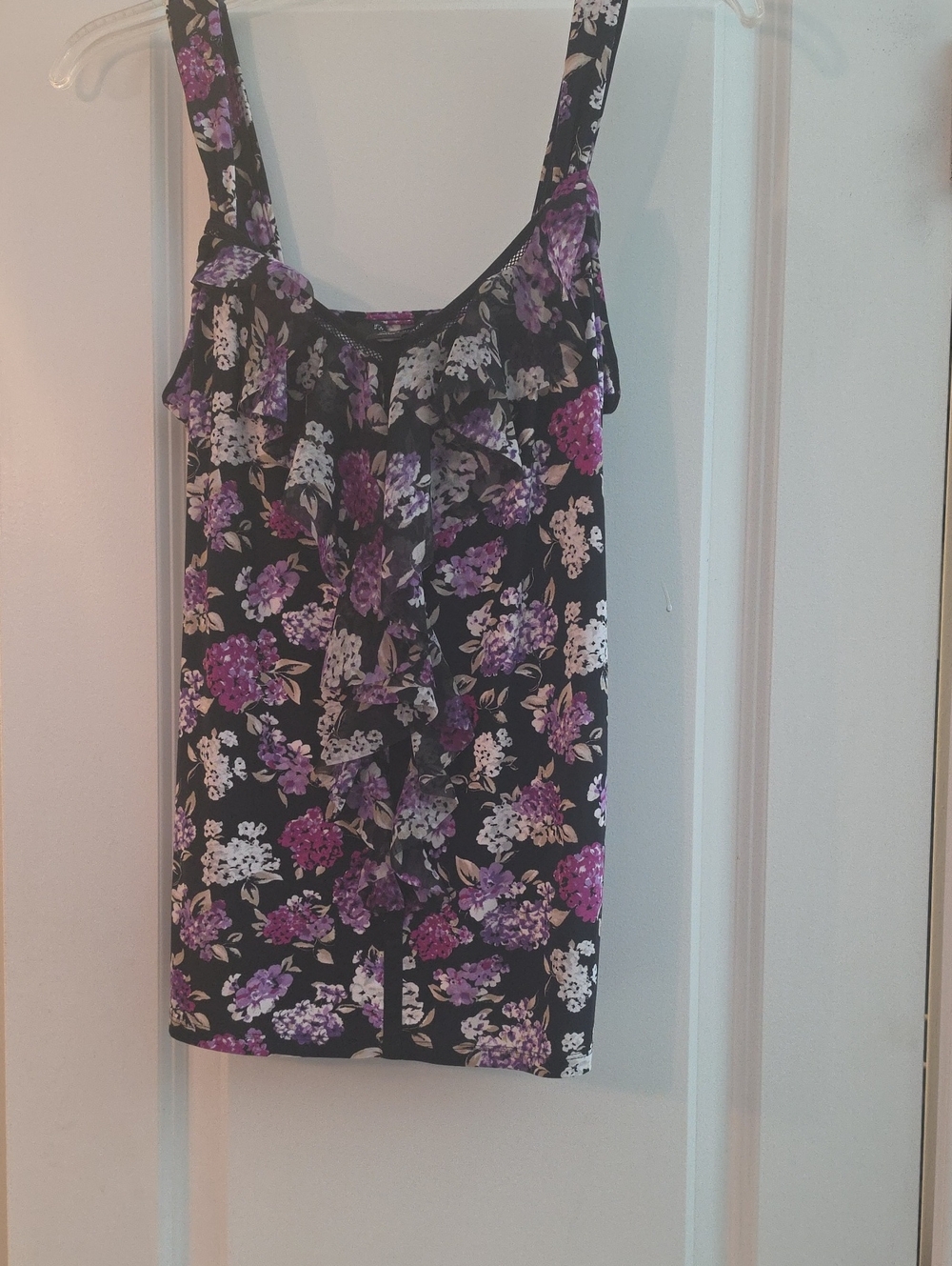 Floral Ruffle Cami Tank Top - Black with Purple Floral